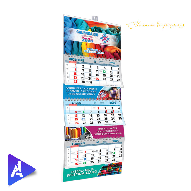 Calendario trimestral de 3 cuerpos anillado metalico